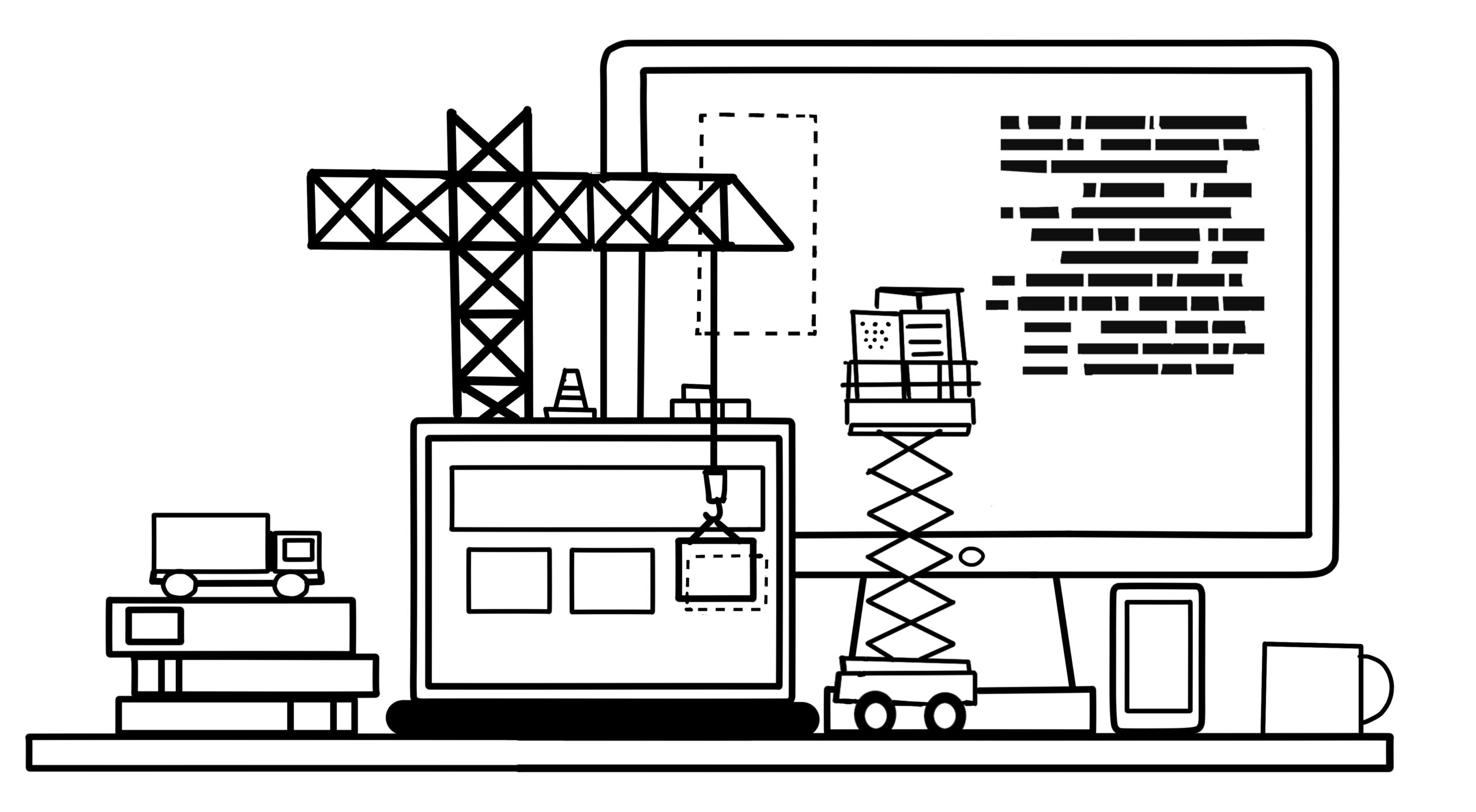 Construction equipment in front of a computer screen implying website building. To the left is a pile of books. To the right is a mug on the edge of a desk. The screen has indistinguishable lines of text.